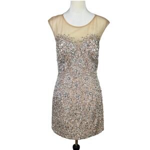 Terani Couture NEW Tan Sheer Mesh Rhinestone Sequin Beaded Mini Formal Dress
